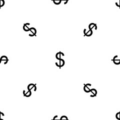 Seamless pattern of repeated black dollar symbols. Elements are evenly spaced and some are rotated. Vector illustration on white background