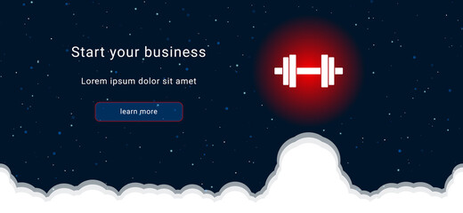 Business startup concept Landing page screen. The dumbbell symbol on the right is highlighted in bright red. Vector illustration on dark blue background with stars and curly clouds from below