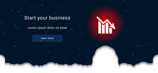 Business startup concept Landing page screen. The chart down symbol on the right is highlighted in bright red. Vector illustration on dark blue background with stars and curly clouds from below