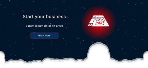Business startup concept Landing page screen. The printed circuit board on the right is highlighted in bright red. Vector illustration on dark blue background with stars and curly clouds from below