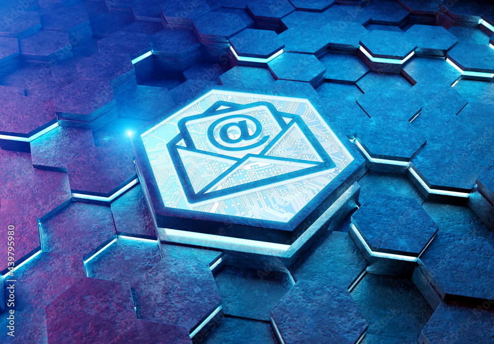 Aufkleber Email icon concept engraved on hexagonal pedestral background. Mail Logo glowing on abstract digital surface. 3d rendering