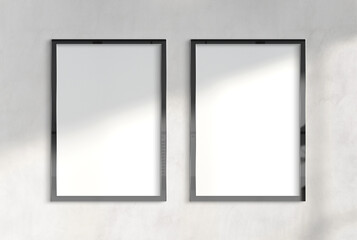 Two billboards hanging on a sunlit wall mockup. Template of frames bathed in sunlight 3D rendering