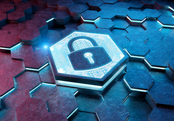 Web security icon concept engraved on metal hexagonal pedestral background. Padlock Logo glowing on abstract digital surface. 3d rendering