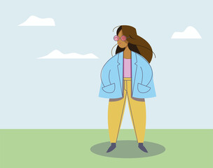 vector flat illustration of young woman standing in park in sunny day