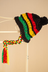 hand knit hat in rasta or reggae inspired colours 