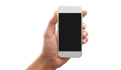 Hand holding smartphone device touching screen