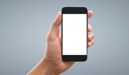 Hand holding smartphone device touching screen