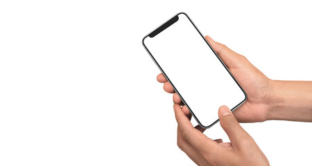 Hand holding smartphone device touching screen