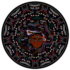 Modern psychedelic round composition of beautiful mystery person with third eye in another realm.