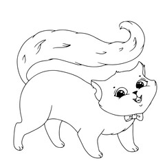 Cute kitten with a bow. Simple drawing coloring book with a cat for Halloween. Vector illustration isolated on white background.