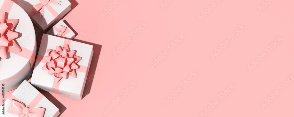 Leinwandbilder top view of gift box on pink background with copy space. 3d rendering.
