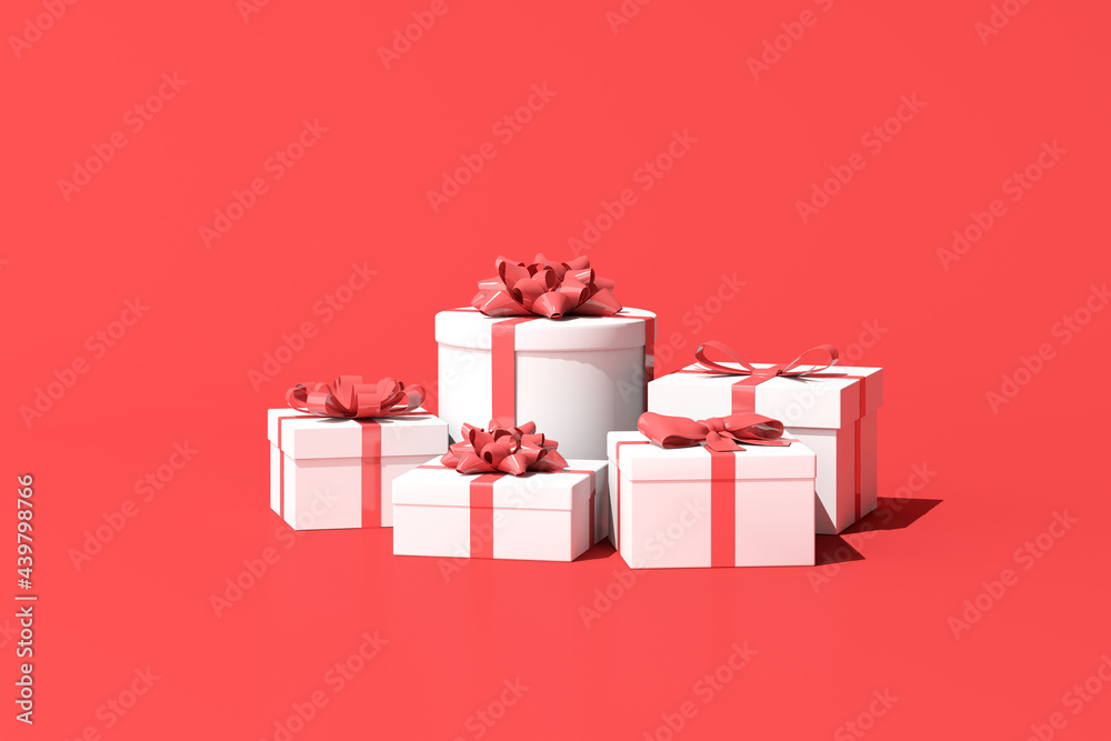 Poster 3d rendering of gift box on red background.