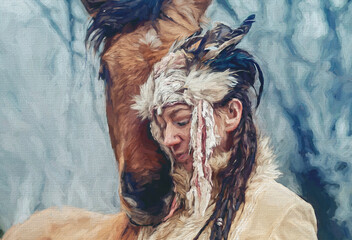 Shaman woman in winter landscape with her horse. Painting effect.