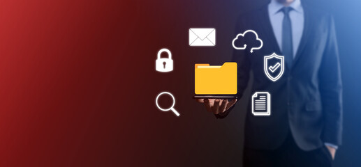 Document Management System DMS .Businessman hold folder and document icon.Software for archiving, searching and managing corporate files and information.Internet Technology Concept.Digital security