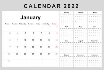 Calendar planner for 2022. The week starts on Monday. Vector illustration