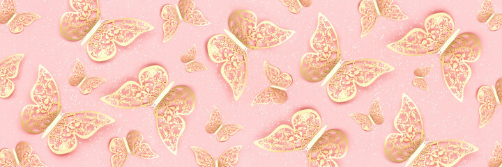 Banner made with gold tracery illuminating butterflies and with shiny confetti on pink pastel...