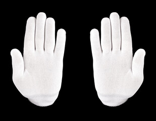 white gloved hand on a black background. A hand in a white glove shows stop sign on a black...