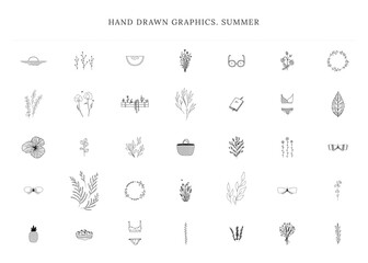 Florals and summer theme. Set of vector hand drawn icons.
