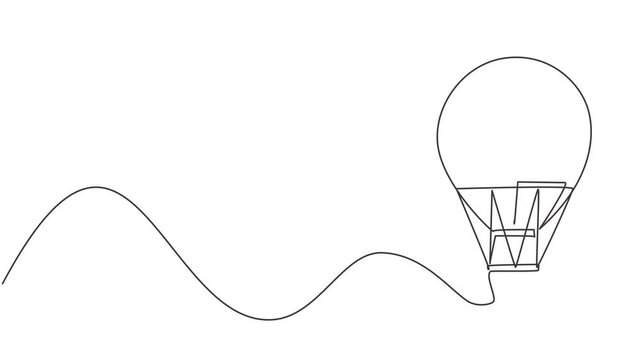 Animated self drawing of continuous one line draw hot air balloon with stripe pattern and passenger basket. Fun flying vacation experience in the sky with the family. Full length single line animation