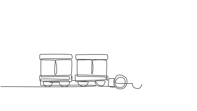 Animation of one line drawing of a locomotive with two carriages in the form of a roving steam system in amusement park to transport passengers. Continuous line self draw animated. Full length motion.