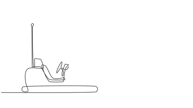 Animated self drawing of single continuous line draw electric dodgem car in amusement park arena with one antenna. Playing bumper car is a lot of fun for kids. Full length one line animation.