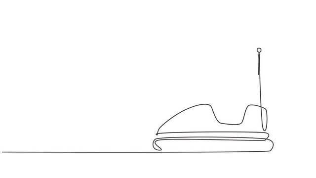 Animated self drawing of single continuous line draw electric dodgem car in amusement park arena with one antenna. Bumper car for kids in funfair festival. Full length one line animation illustration.