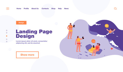 Obraz premium People on beach ignoring drowning woman. Female characters livestreaming on seashore while girl asking for help flat vector illustration. Addiction, social media concept for banner, website design