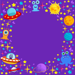 Vector frame on a space theme. UFO, planet, humanoid, alien, flying saucer. Flat-style illustration for flyers, posters, websites, apps, and childrens holiday decorations
