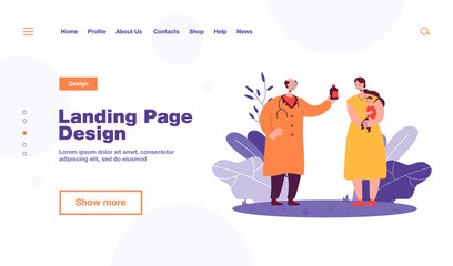 Pediatrician giving mother medicine for child. Woman holding baby, consulting old doctor flat vector illustration. Pediatrician, healthcare he concept for banner, website design or landing web page