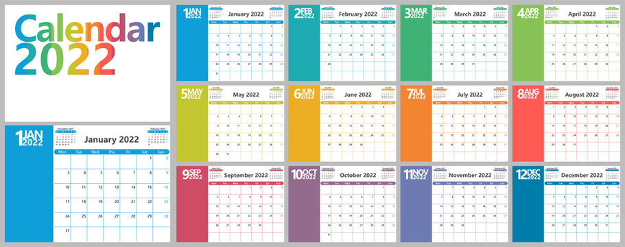Bright calendar planner for 2022 with months of different colors. The week starts on Monday. Vector illustration