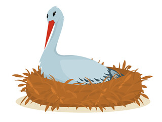 vector illustration of a stork sitting in a nest, isolated on a white background