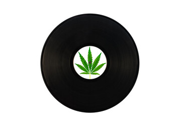Vinyl record featuring a green hemp leaf