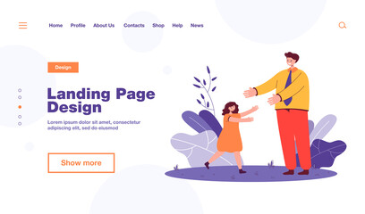 Daughter greeting father after work. Happy little girl running towards man in uniform flat vector illustration. Family, relationship, childhood concept for banner, website design or landing web page
