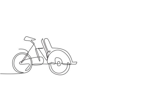 Animated self drawing of continuous one line draw pedicab is viewed from the side with three wheels the front passenger seat the driver's controls at the rear. Full length single line animation.