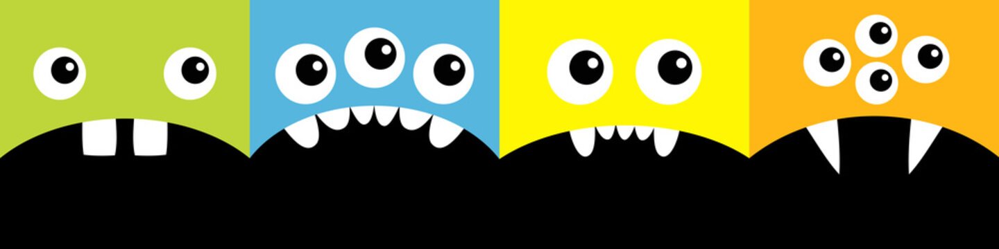 Cute cartoon monster square head icon set line. Boo Spooky Screaming smiling sad face emotion. Three eyes, tongue, teeth fang, mouse. Happy Halloween card. Flat design style. White background.