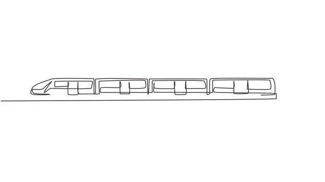 Self drawing animation of single one line draw the bullet train that is passing on the bridge goes fast to deliver the passengers at the destination station. Continuous line draw. Full length animated