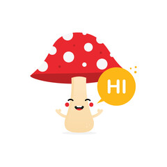 Cute cartoon style smiling mushroom character with dotted red cap and speech bubble saying hi, hello.