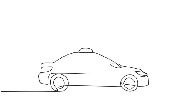 Self drawing animation of single one line draw the newest modern taxi car uses a meter, GPS can be ordered online. Technological advances in transportation. Continuous line draw. Full length animated.
