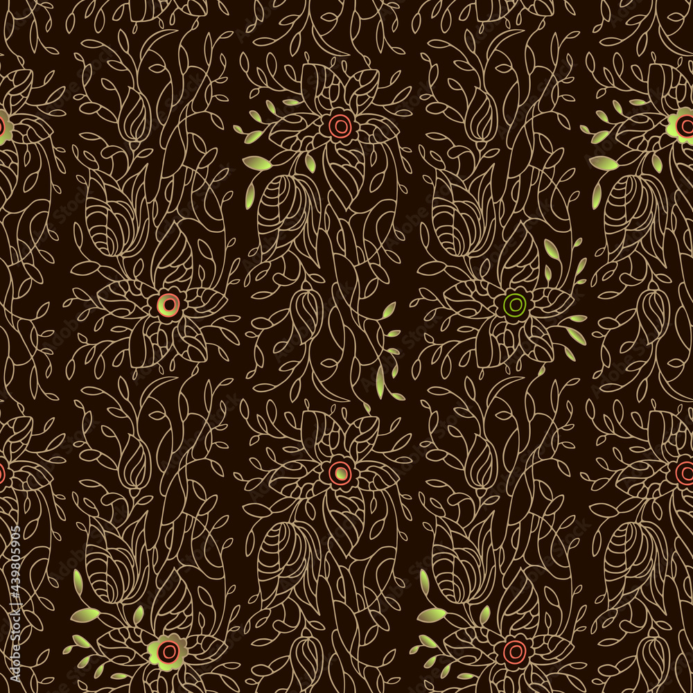 Wall mural Seamless pattern with delicate ornaments on a chocolate-colored background. Contour drawing with tulips, daffodil and small leaves.