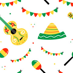 Fototapeta na wymiar Vector seamless pattern background with cute colorful garlands, maracas, guitars, sombrero hats for Cinco de Mayo and other mexican holidays design.
