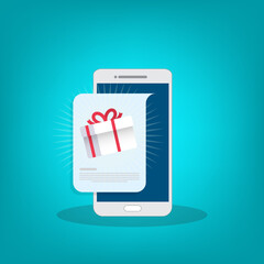 Gift box on smartphone screen. Giveaway concept. Vector illustration	