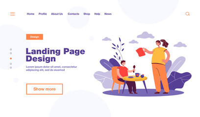 Son eating breakfast cooked by mother. Woman with kettle pouring water in cup, child at table flat vector illustration. Family, parenting, breakfast concept for banner, website design or landing page
