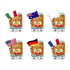 Whiskey cartoon character bring the flags of various countries
