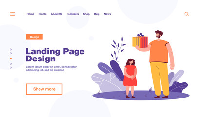 Father giving present to daughter. Happy man with box, gift for child flat vector illustration. Birthday, family, parenting, celebration concept for banner, website design or landing web page
