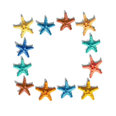 Fototapeta na wymiar Square frame from colorful starfish pattern. Nautical or marine theme of sea life. Bright summer style.