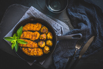 Vegetarian nuggets and vegan balls in an iron pan on dark background, healthy food, top view