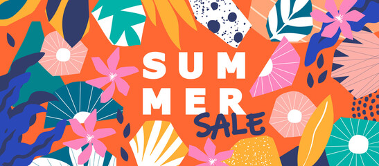 Fototapeta premium Summer sale website banner. Sale tag. Sale promotional material vector illustration. Design for ad, social media banner, brochure, email, flyer, leaflet, newsletter, placard, poster, web sticker