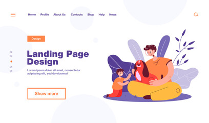 Father giving dog to son as present. Male character sitting and holding animal with long ears, happy child flat vector illustration. Family, pets concept for banner, website design or landing web page
