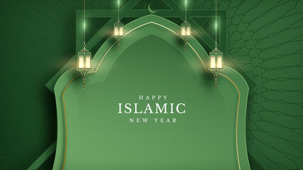 Elegant islamic new year creative card poster background. Lamp and half moon and golden line on pattern. Luxury realistic mosque paper cut style design. Empty space to place text. vector illustration.