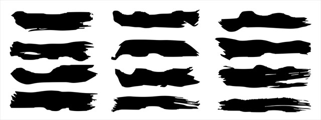 Vector collection of artistic grungy black paint hand made creative brush stroke set isolated on banner background. A group of abstract grunge sketches for design education or graphic art decoration
